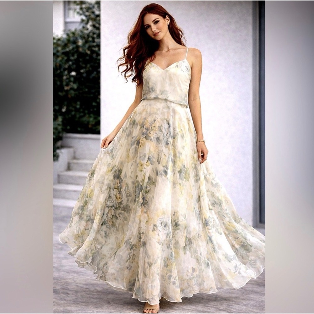 Jenny Yoo Collection Floral Chiffon Maxi Dress Green Cream V-Neck Gown Size 2
